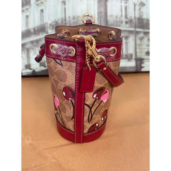 Coach CY738 Mini Bucket Bag In Signature Canvas With Cherry Print IN TAN MULT! - Picture 2 of 6
